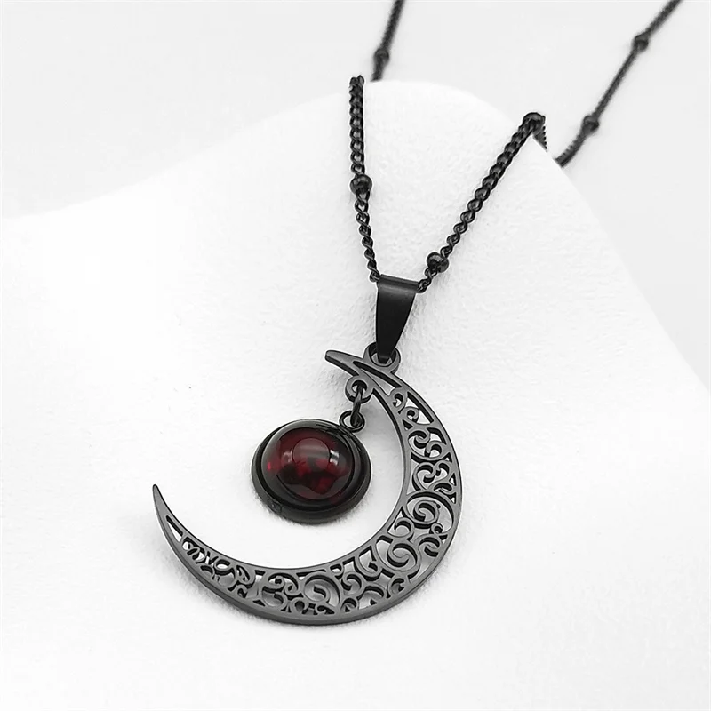 Mesiac z nehrdzavejúcej ocele Ženy náhrdelník čierna farba náhrdelník a červené triedne korálky Náhrdelník reťaz šperky Collier Femme N6325S03
