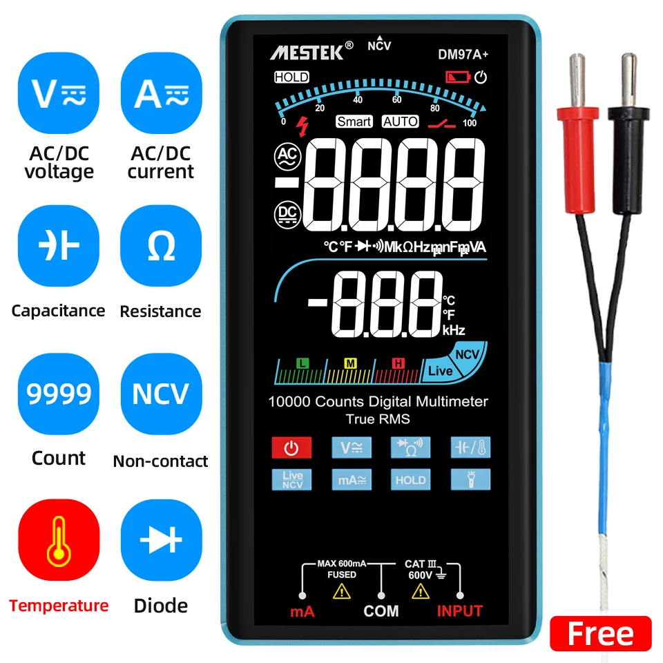 Mestek 9999 počíta digitálny multimeter true RMS AC DC NCV Smart Multimetro Tester OHM Capacitance Hz Voltage Multimetre