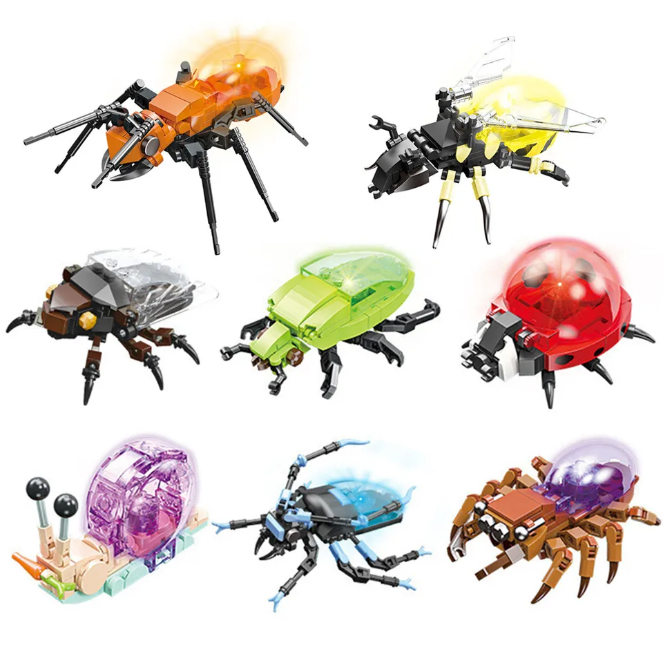 Mestská farma zeleninová záhrada Roztomilé zvieratá Hmyz hmyz ladybug pavúk mravce dynastidae so svetlami zostavujú tehlové hračky pre deti darček
