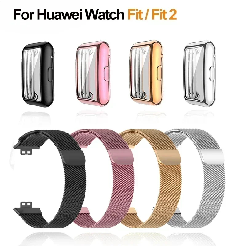 Metal Band for Huawei Watch Fit/Fit 2 remienok s puzdrom TPU Screol Chránič hodinky Fit náramok Milanese Magnetic Loop WatchBand