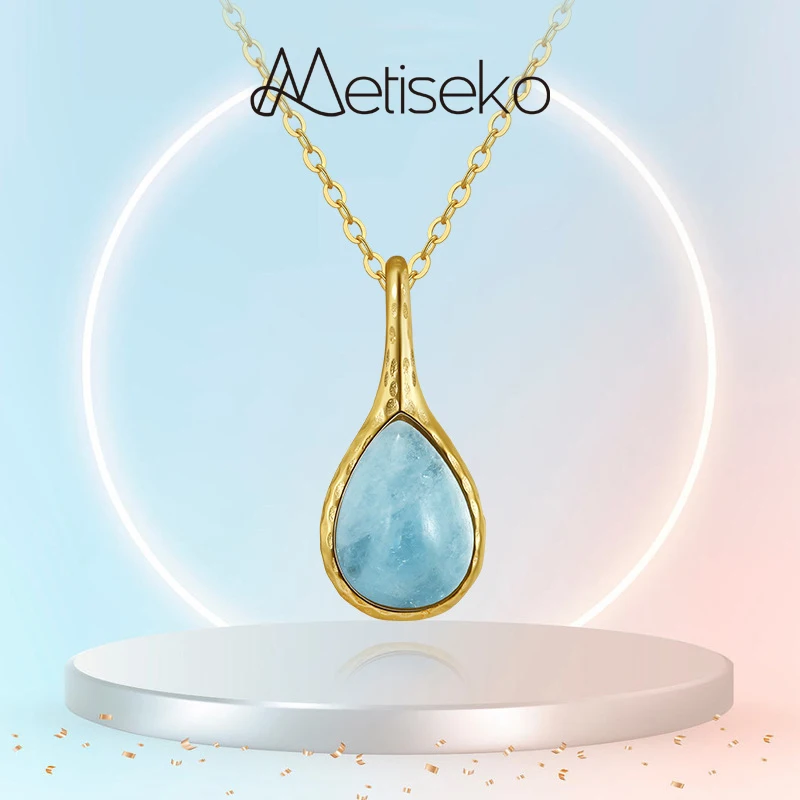 Metiseko Natural Aquamarine Stone 925 Sterling strieborný náhrdelník Tvar voda