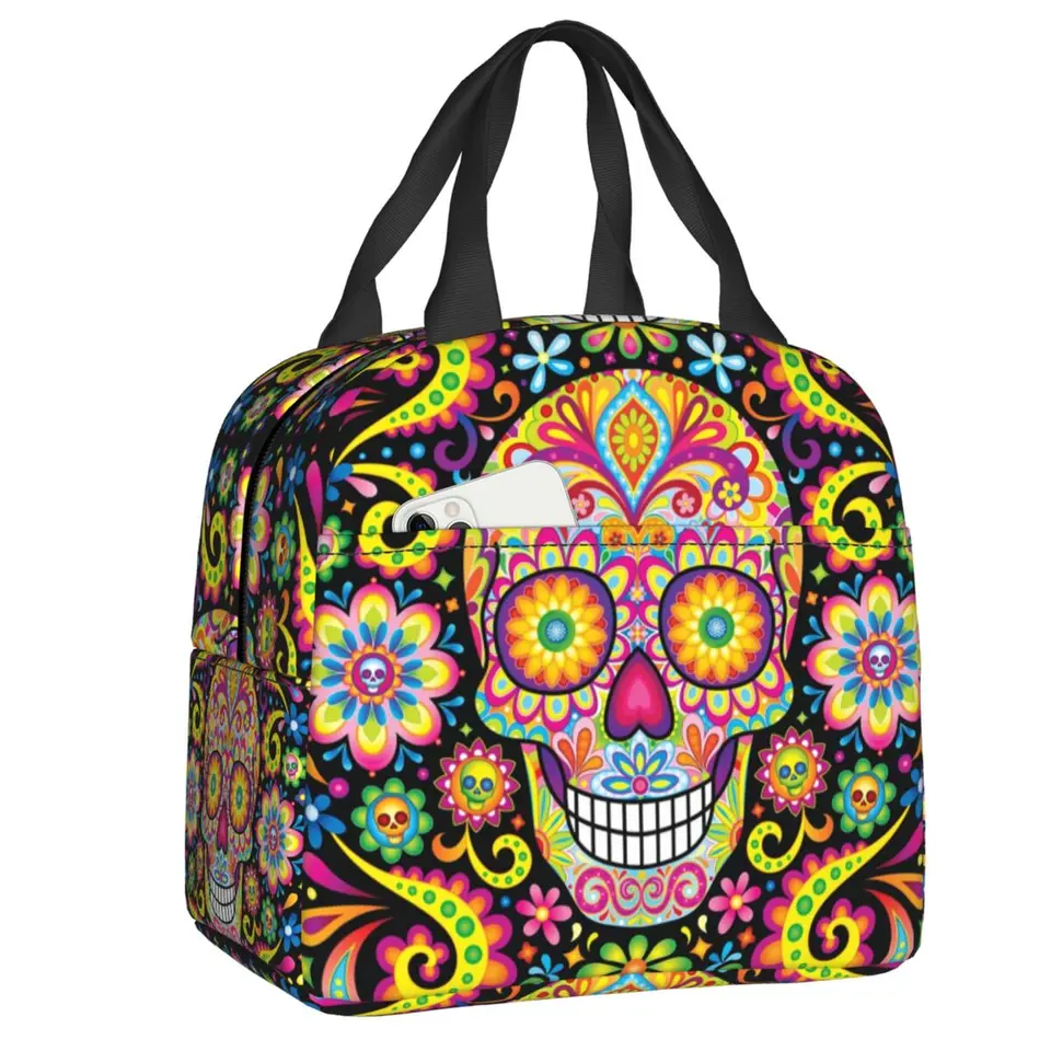 Mexická lebka Sucl Day of the Dead Art Izolované obedové tašky Ženy Respektovaný tepelný chladič obed obedový box vonkajšie kempingy cestovanie