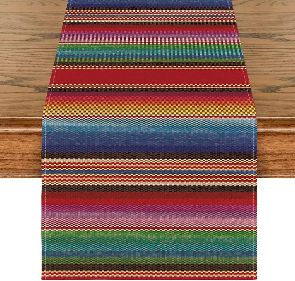 Mexické farebné pruhy Serape Linen Table Runner Party Dekorácie Dia de los Muertos Fiesta