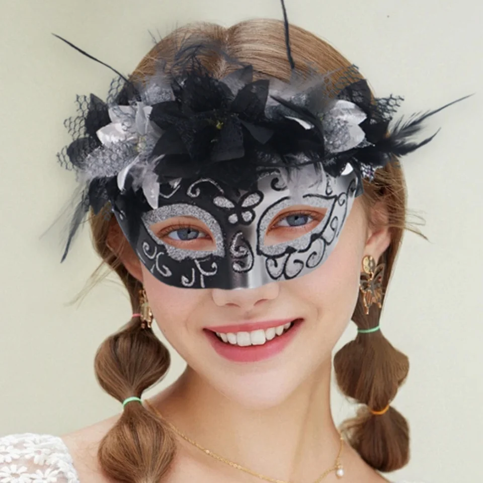 Mexiko Deň mŕtvych masky Halloween Mask Maľované DIY Flower Feather Half Face Mask pre Prom Cosplay Party