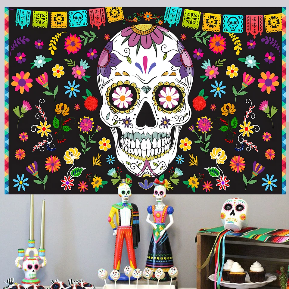 Mexiko Deň mŕtvych pozadí pre mexickú festivačku Fiesta Sugar Sucl Supplies Dodávky na pozadie Photo Festival Decorácie