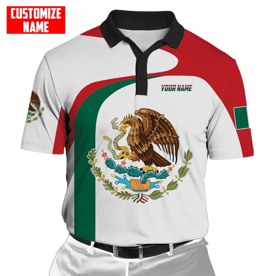 Mexiko orla tlačiaca pólo tričko pre mužov Národná vlajka Vzor nadmerne nadmerne krátke rukávy Customve Custom módne harajuku gombíky vrcholy