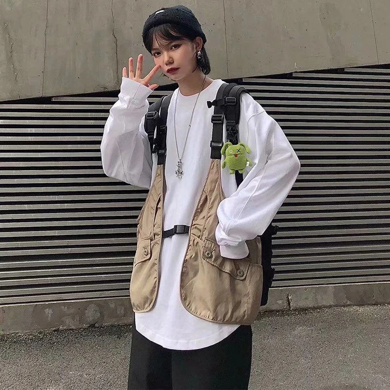Mexzt streetwear neformálny nákladný vest ženami Multi vreckové náradie vesta bf hip hop y2k gotická voľná voľná bunda bez rukávov základná nádrž