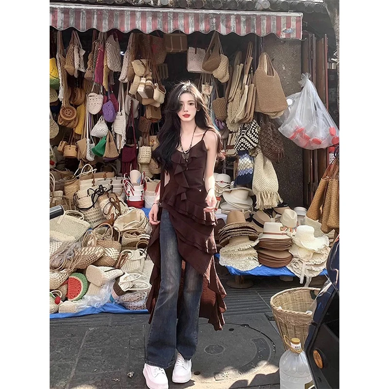Mexzt y2k nepravidelné midi šaty dámske dámske vintage rafles remienok na jeden kusy šaty boho dovolenka Sundress Summer Bodycon Vestidos nový