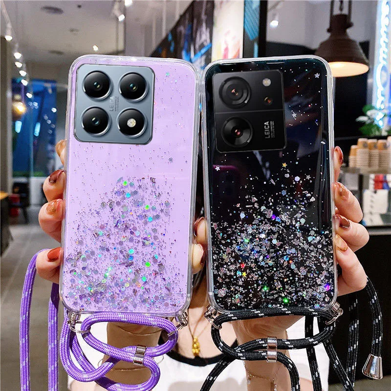 MI14T 14TPRO luxusný trblietavý popruhový šnúrku na šnúrka na šnúrku pre puzdro pre Xiaomi Mi 14t Pro 13T 12T 11T 10T LITE MI13T 13TPRO zadný kryt