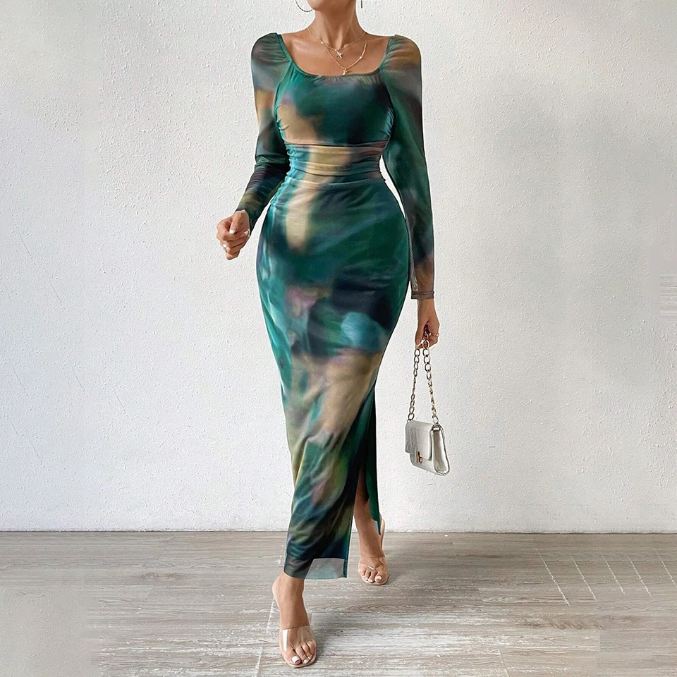 Mia Muse Autumn Winter Dámske šaty módne fitting tenký gradient farbu s dlhým rukávom kopčeka maxi šaty