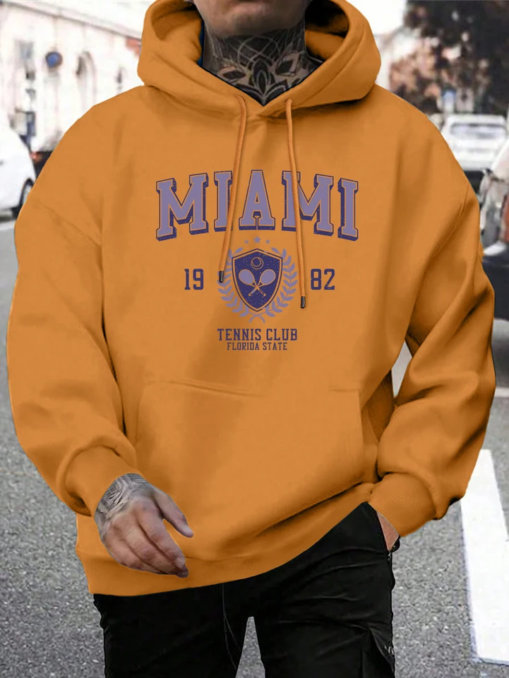 Miami 1982 Letter tlač pullover Pánska módna kvalita s kapucňou Warm Casual Hoody Man Simple Loose Tops