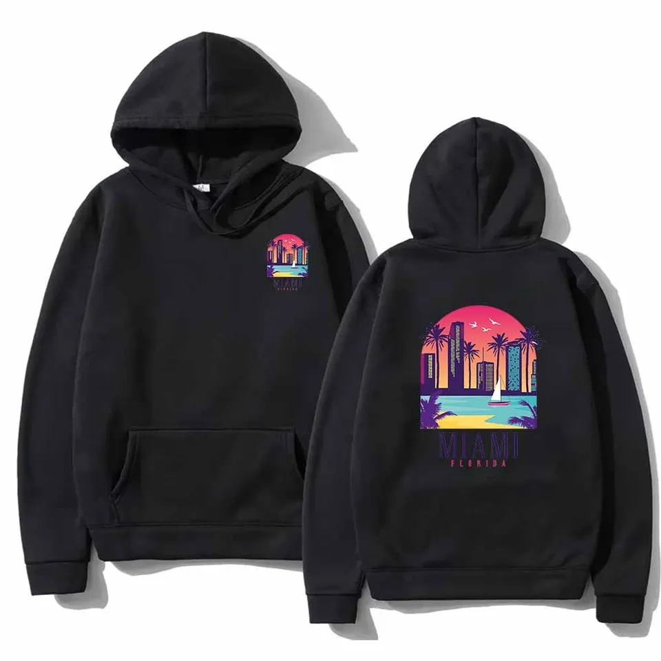Miami Beach Sunset Scerce scenéria Florida Tlačená mikina módne streetwear s kapucňou s kapucňou Grafické športové oblečenie Príležitostné mikiny Topy