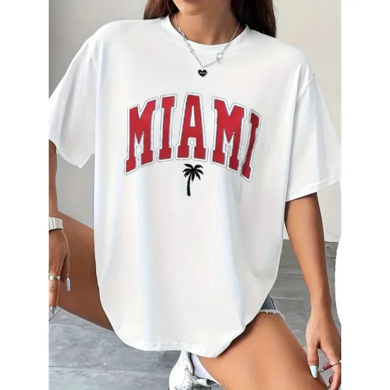 Miami Coconut Tree Beach Tlačené dámske tričko Príležitostné O-krk krátke rukávy Všetky matematické bavlnené oblečenie minimalistické dámske topenie