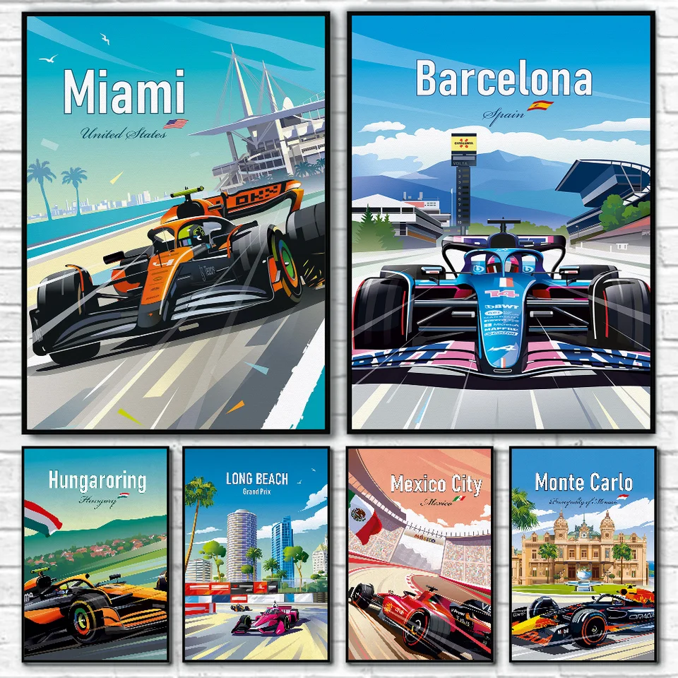 Miami F1 Neon City Watercolor Racing Plagers Stickers Art Wall nástenné maľby dekora