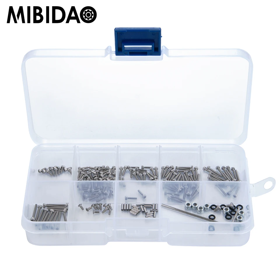 Mibidao 186ks skrutky Pins Opravy Nástroje s úložným skriním pre axiálny scx24 Deadbolt Chevrolet Wrangler gladiátor Bronco 1/24 RC CAR