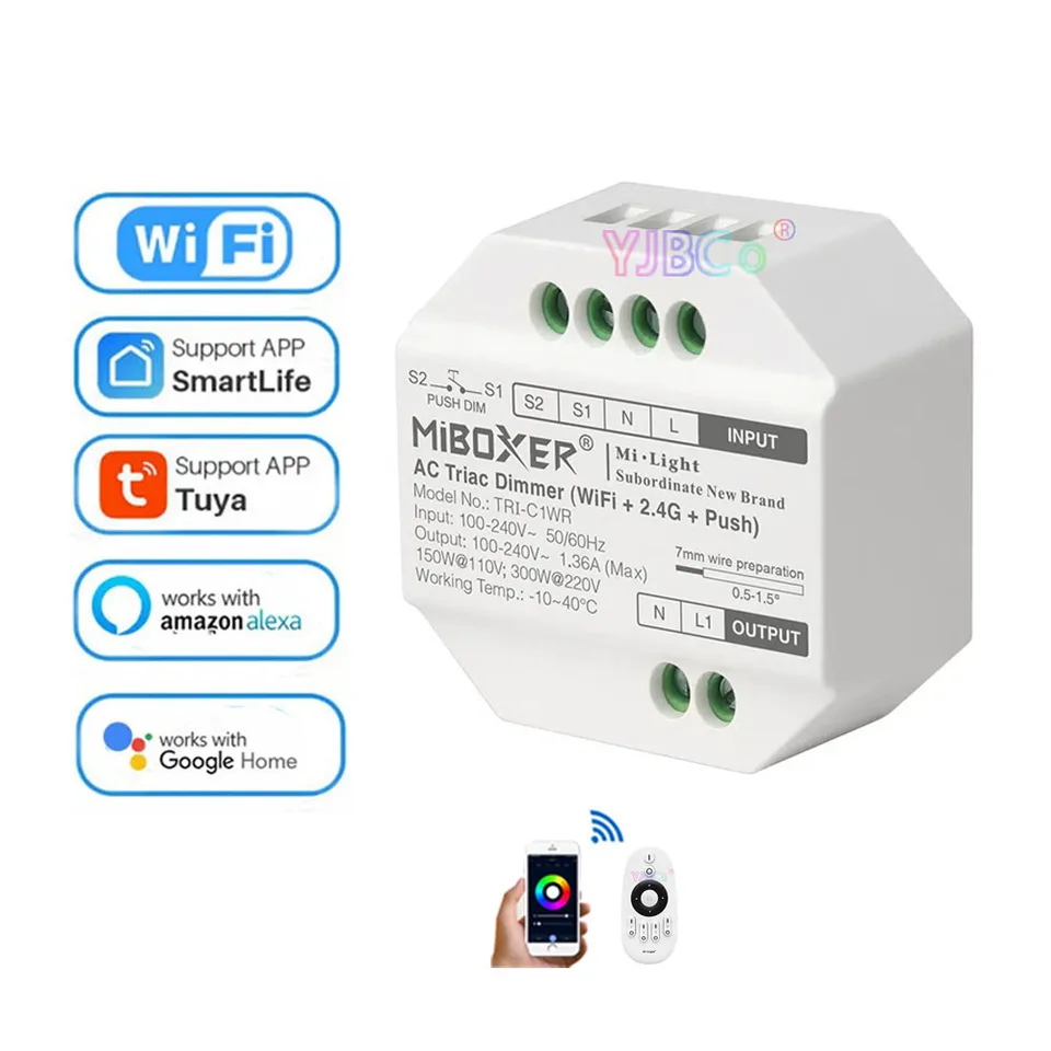 Miboxer Tuya WiFi+2,4G+Push AC TriaC LED Dimmer AC 110V 220V Switch 2.4g Wireless Diaľkové ovládanie Alexa Google Home pre LED žiarovku