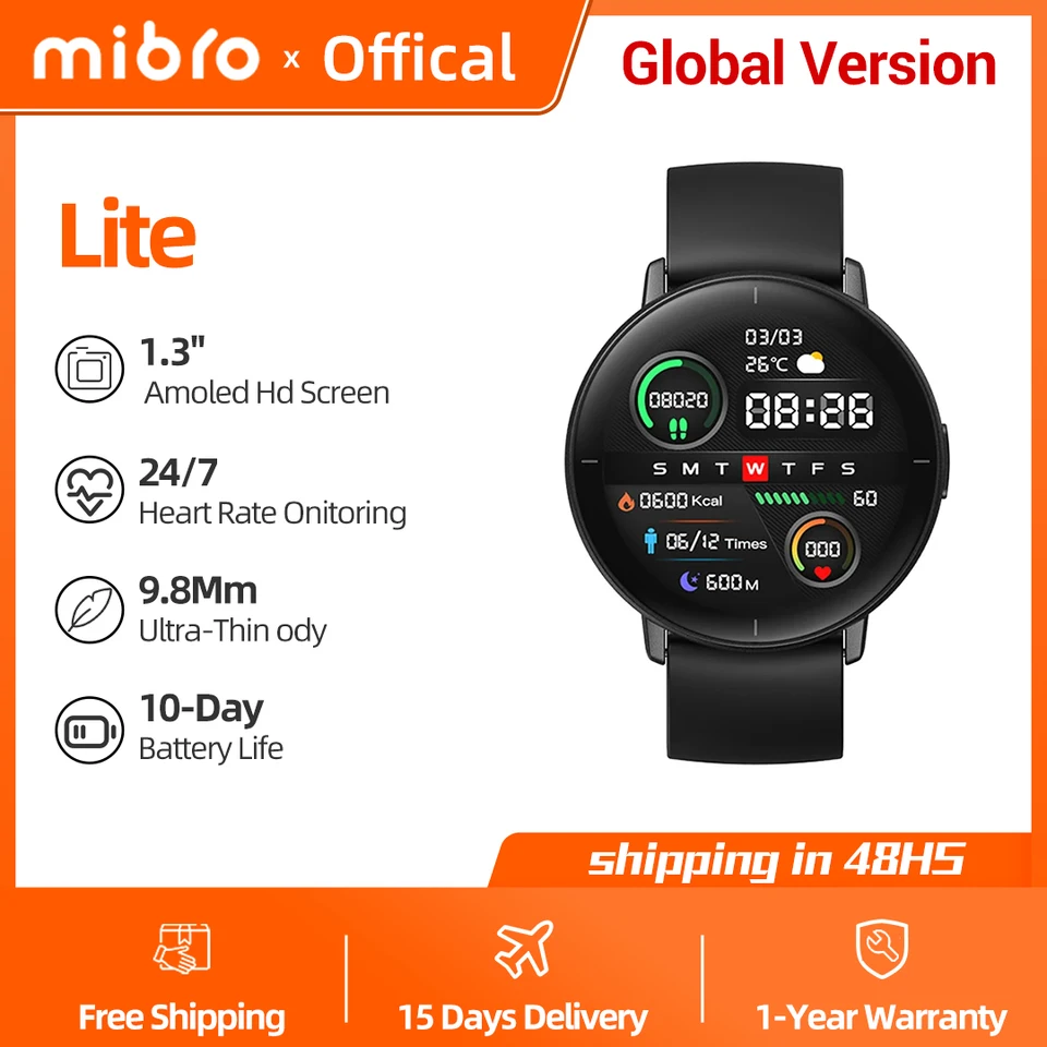 MIBRO Lite Watch 9,8 mm ultra tenké 230 mAh AMOLED HD SCREEDOPLE Vodotesná Bluetooth Men Women Sport Smartwatch iOS Android kompatibilný