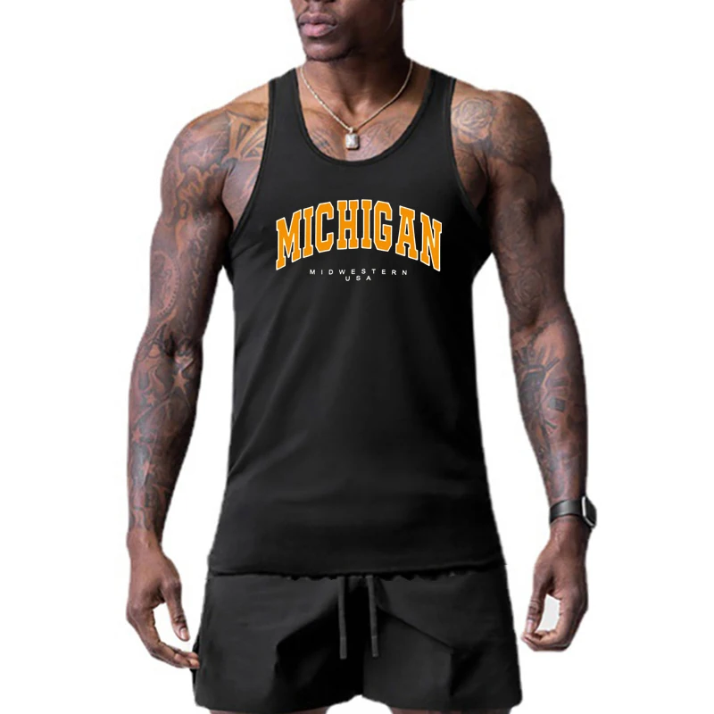 Michigan Midwestern USA Print Gymel Bodybuilding vesty Zle Priedušné rýchle suché rukávy bez rukávov Tops Pens Fitness svalové tričko