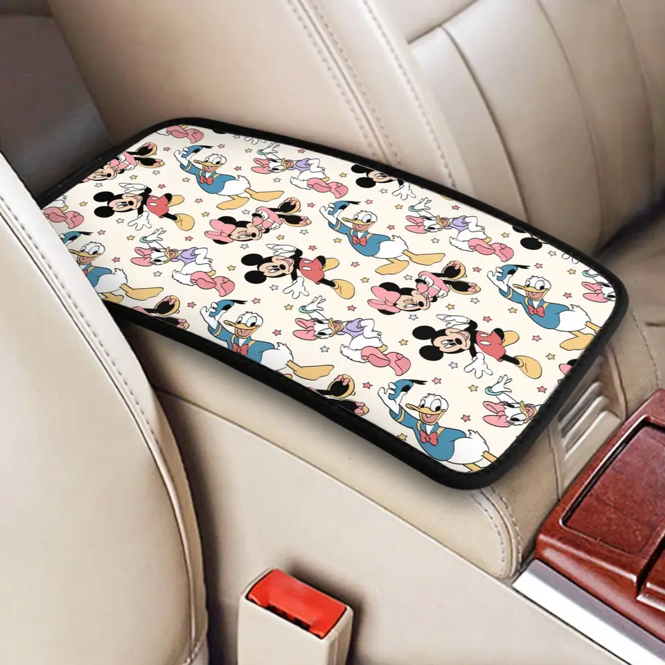 Mickey a Minnie Auto Center Console podložka nepremokavá automobilová dekorácia krabica lakťová krabica pre väčšinu nákladného automobilu SUV