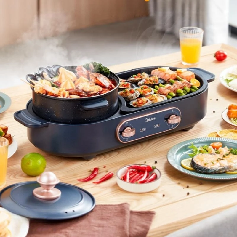 Midea Intelligent Electric Grill a Hot Pot Multi Cooker bezdychový gril gril gril Elektrický pečený hrniec Hot Pot 220V