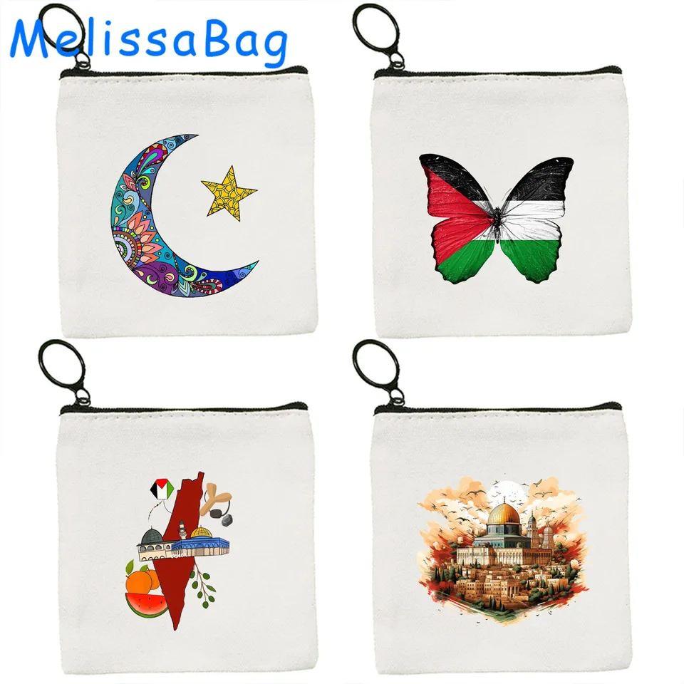 Mierový motýľ srdce Jeruzalem kupol mešita kostola Moon Star maľby darčeky Canvas Coin Coin Key Key puzdro peňaženka zips zips.