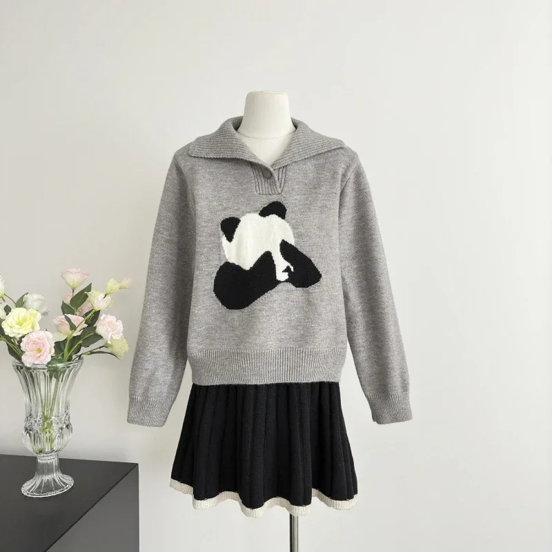 Miiiix Preppy Style Cartoon Panda Jacquard Pullover Women Womentted Jacket 2024 Nový jeseň všestranný sveter