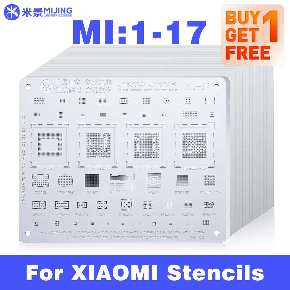Mijing Mi 1-17 BGA Reballing šablóna šablóny pre Xiaomi Redmi Universal 0,12 mm CPU Planting Tin Oceľ Čet šablón Nástroje