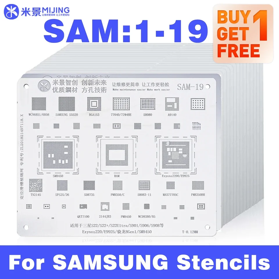 Mijing Sam 1-19 BGA Reballing Stencil pre Samsung ako poznámka J SEERIES A53 A536 exynos1280/ e8825 SPU13P/ SPU14P S22 S22ultra Tools