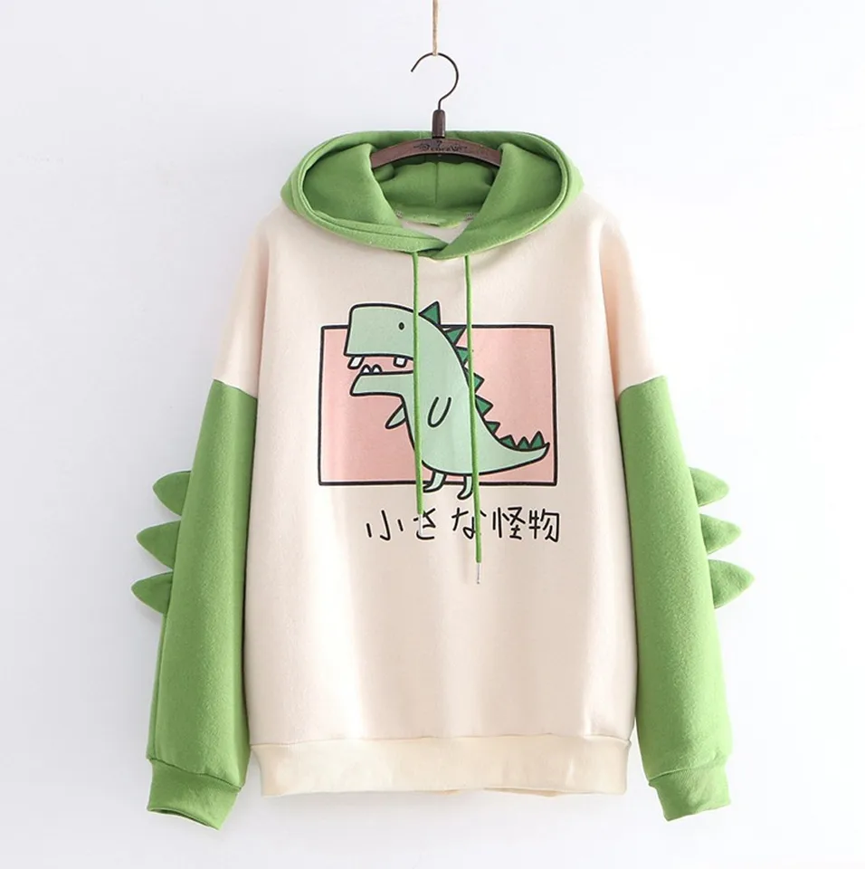 Mikiny Ženy mikina japonský štýl Kawaii Cartoon Dinosaur s kapucňou jesenné jarné pullovy pre dievčatá Top Sudadera Mujer 2021