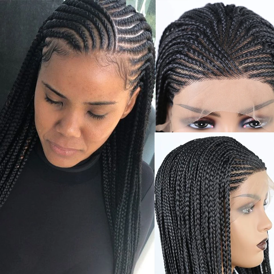 Mikro copy Syntetická čipka predná parochňa pre čierne ženy s detskými vlasmi Cornrows Half Box Pletená parochňa Feat Feat African Vlasy