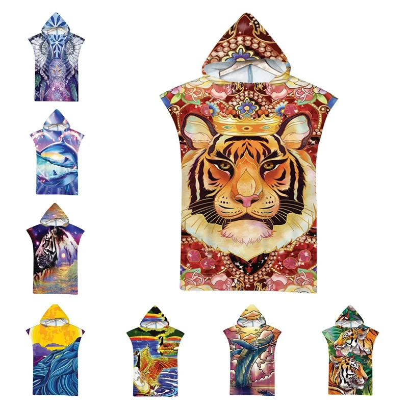 Mikrovláknový zviera s kapucňou plážový uterák pre dospelých rýchly suchý bazén Poncho Tiger Lion Lion Bathel uterák s plášťom