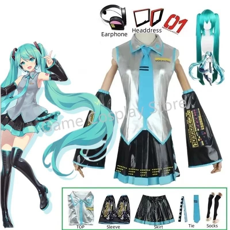Miku cosplay plná súprava strieborná kožená tkanina oblek Miku Cosplay pokrývok pokrytý kostým outfit jk Sailor Dress High School Uniforma parochňa