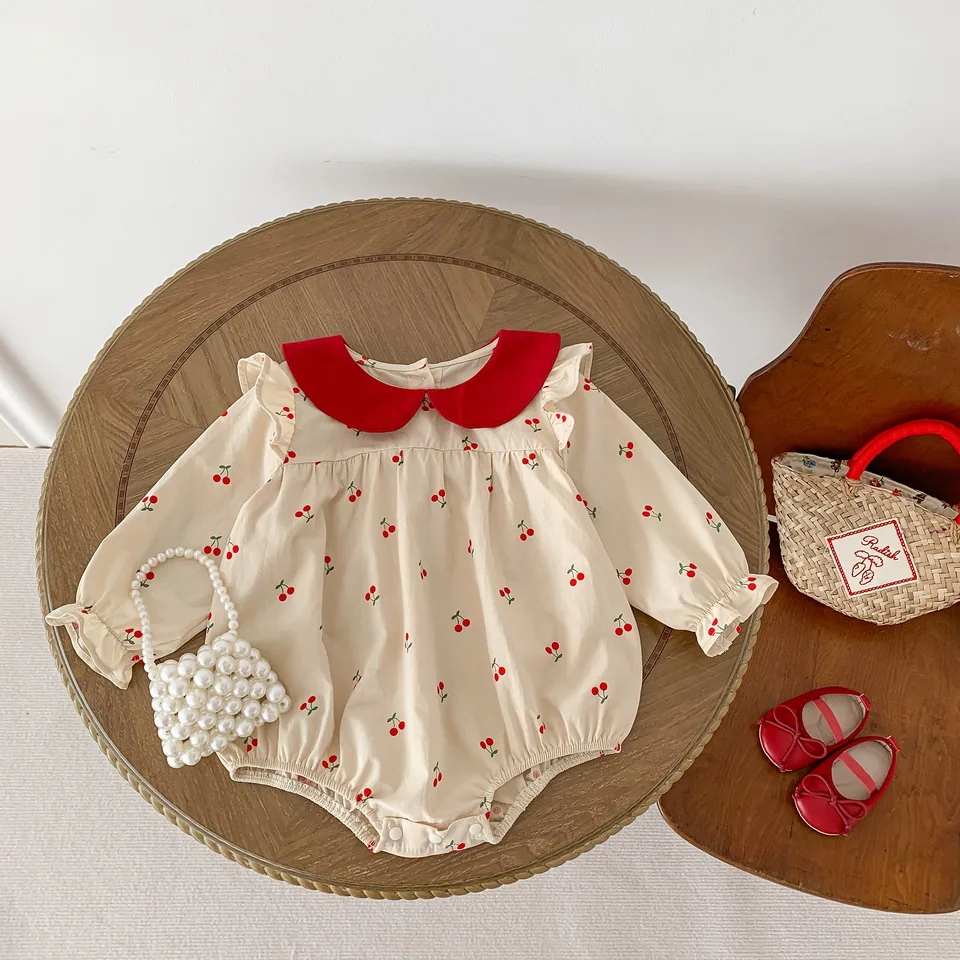 Milancel 0-24M Nové jesenné detské oblečenie sladké plné čerešňových dievčat BodySuit Bathtle Long Ruckve One Piece Novonarodená princezná Wear