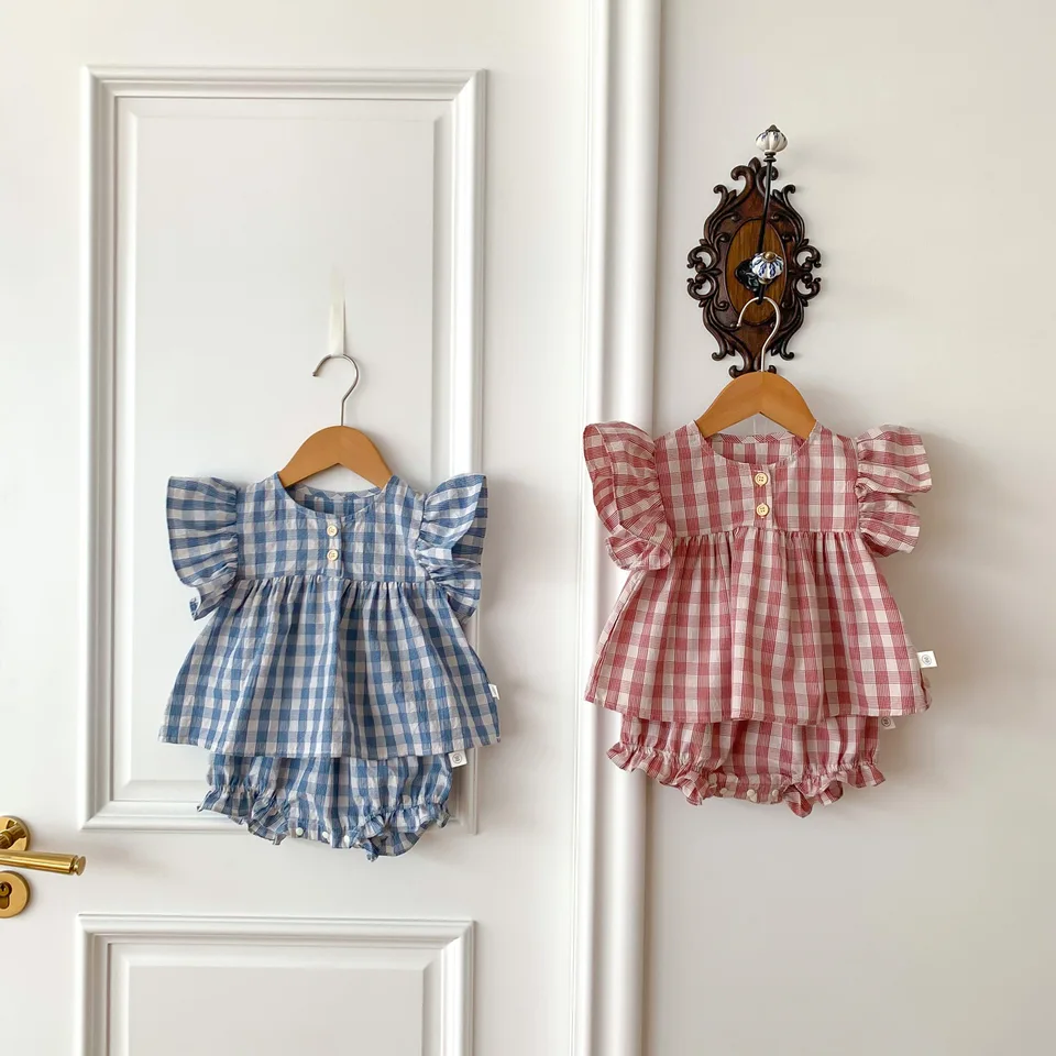 Milancel Dievčatá letné oblečenie Ruffle Tee a Bloomer 2pcs Girls Outfit Plaid Tee Suit