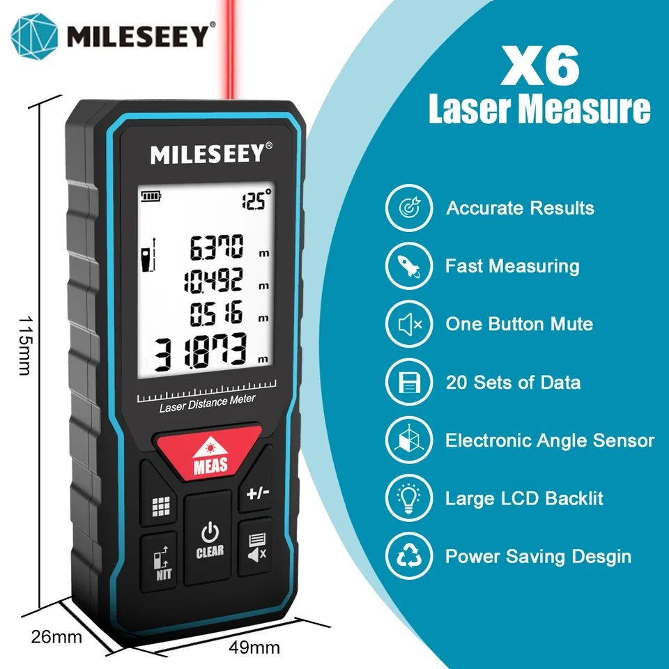 Milesey x6 laserová páska Meerte 40 m 60 m 100 m, profesionálny diaľkomer s uhlom displejom pre domácich majstrov, zdobenie, budovy