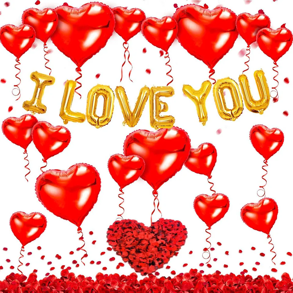 Milujem ťa balóniky srdečné balóny súprava s ružovými okvetnými lístkami na svadobné narodeniny Annaversary Party Valentines Day dekorácie