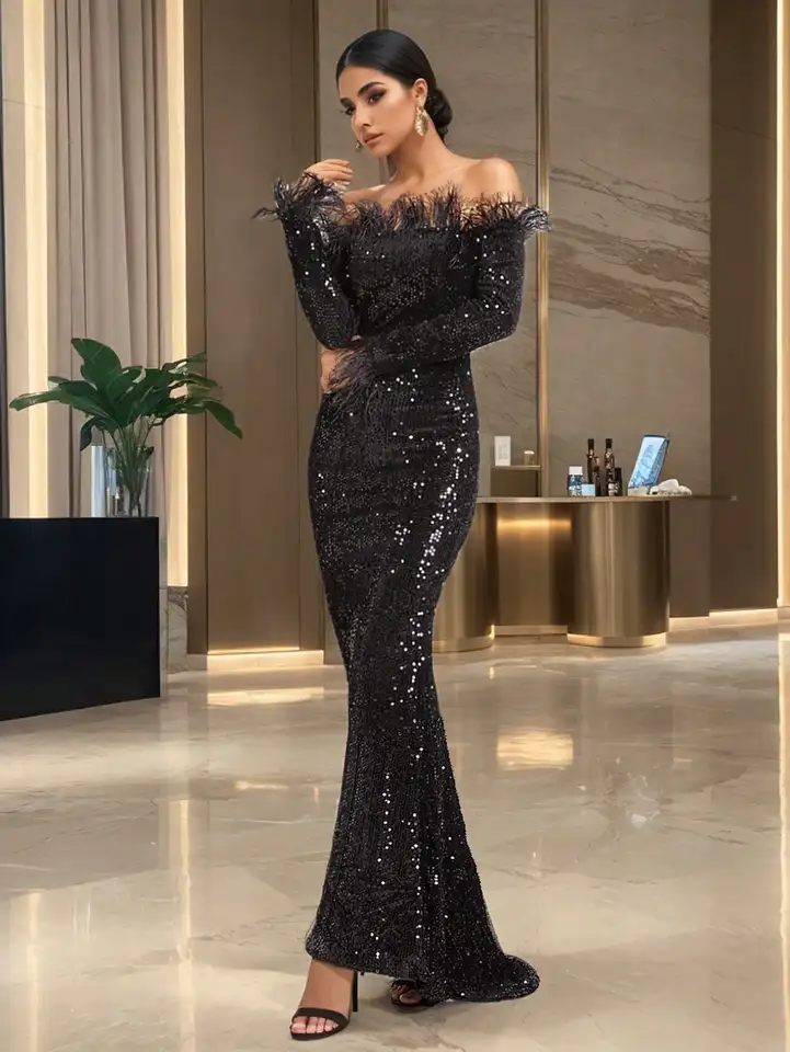 Mimo ramena dlhý rukáv s perím večerné šaty natiahnuté flitry Bodycon biele svadobné šaty elegantné ženy zelené čierne