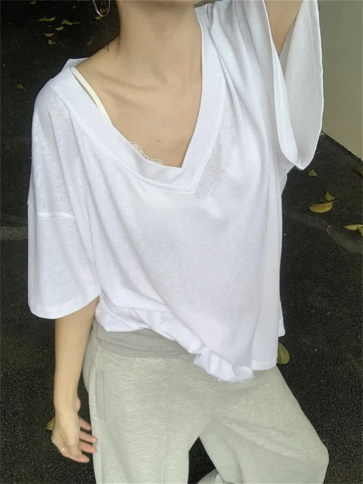 Mimozemské mačiatko biele voľné tričká módy módne ženy v krku Príležitostné leto 2024 Mujer Office Lady New Daily Daily Chic High Street Tees