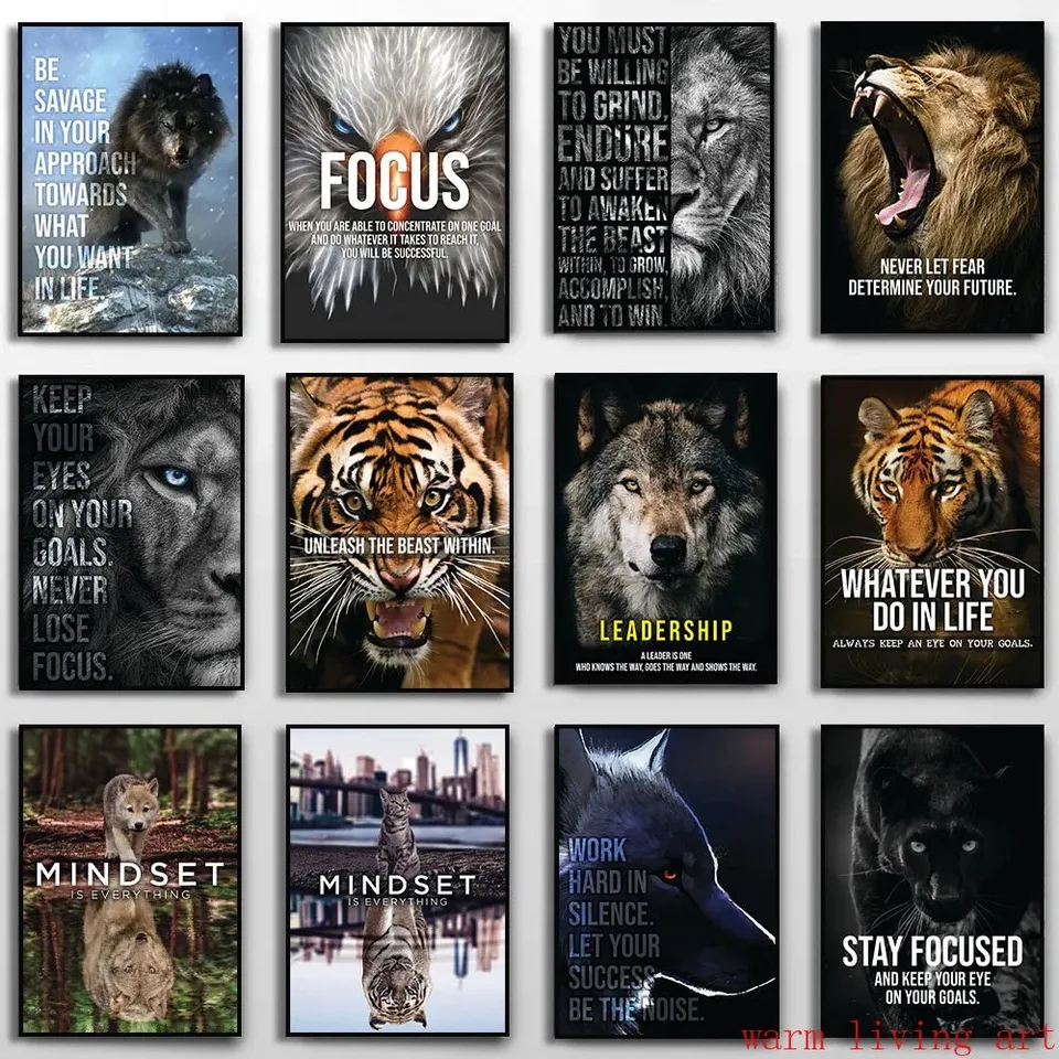 Mindset je všetko, čo Lion Eagle Wolf Cat Tiger Picture Picture Plagát Inšpiratívne citácie plátno maľba nástenná umelecká izba domáci dekor
