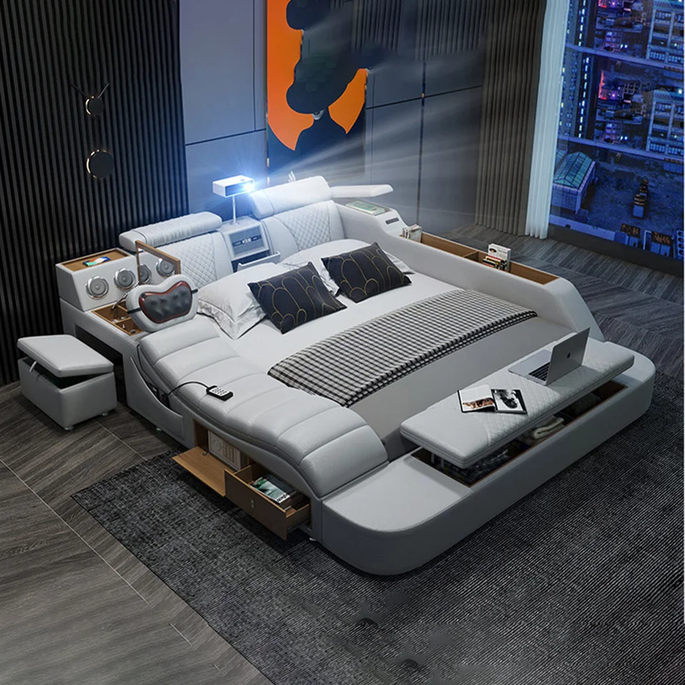 Mingdibao Tech Smart Bed - Originálne kožené čalúnenie, multifunkčný rám postele, masáž, reproduktor, projektor a čistič vzduchu