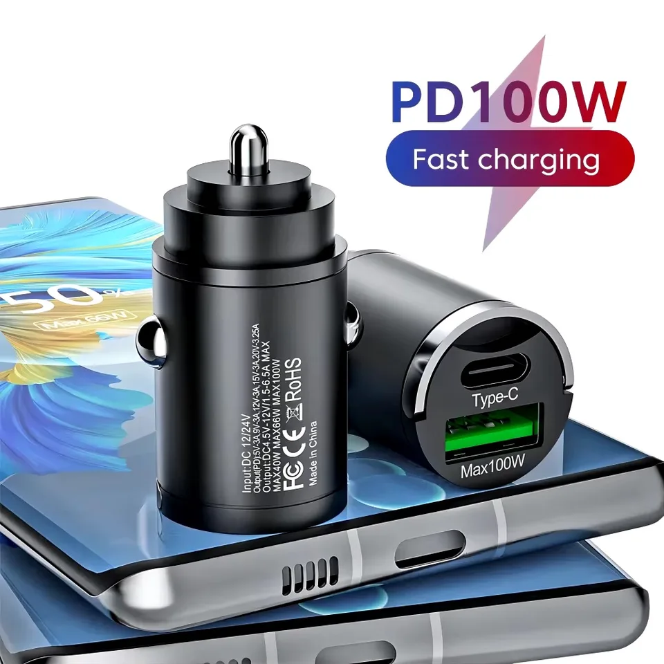 MINI 100W PD QC Pull Ring Super rýchle nabíjanie nabíjačku USB C Car Phone Charger Adapter pre iPhone Xiaomi Samsung Huawei