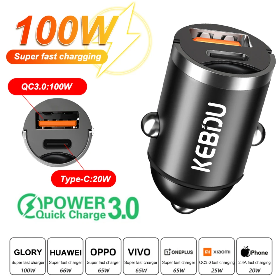 MINI 12V-24V nabíjačka kovových automobilov Typ C QC 3.0 4,0 PD 3,0 100 W rýchle nabíjanie USB nabíjačku na nabíjačku Cigaret Lighter