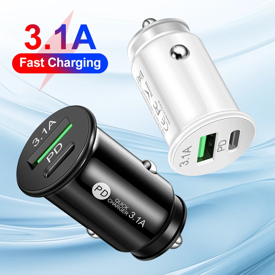 MINI 2 Port USB PD 3.1A nabíjačka automobilu Rýchle nabíjanie Typ C Auto Chargers Adapter pre iPhone pre Samsung pre Huawei pre Xiaomi