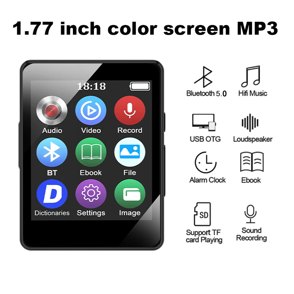 Mini Bluetooth 5.0 MP3 Hudobný prehrávač 3,5 mm Dual Channel Stereo slúchadlá Jack 1,77-palcová obrazovka podporuje 128G Micro SD pre študenta