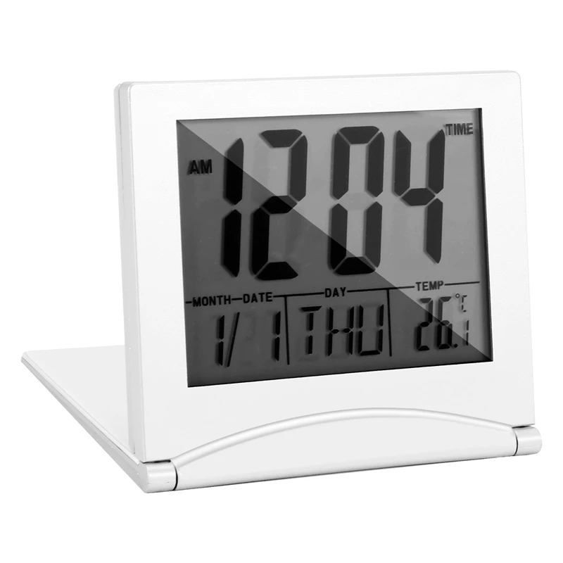 MINI Cestovné budík, digitálny LCD displejový stôl skladacie hodiny s odložením podsvietenia TETALICKÝ ČASTER 12/24 hodín