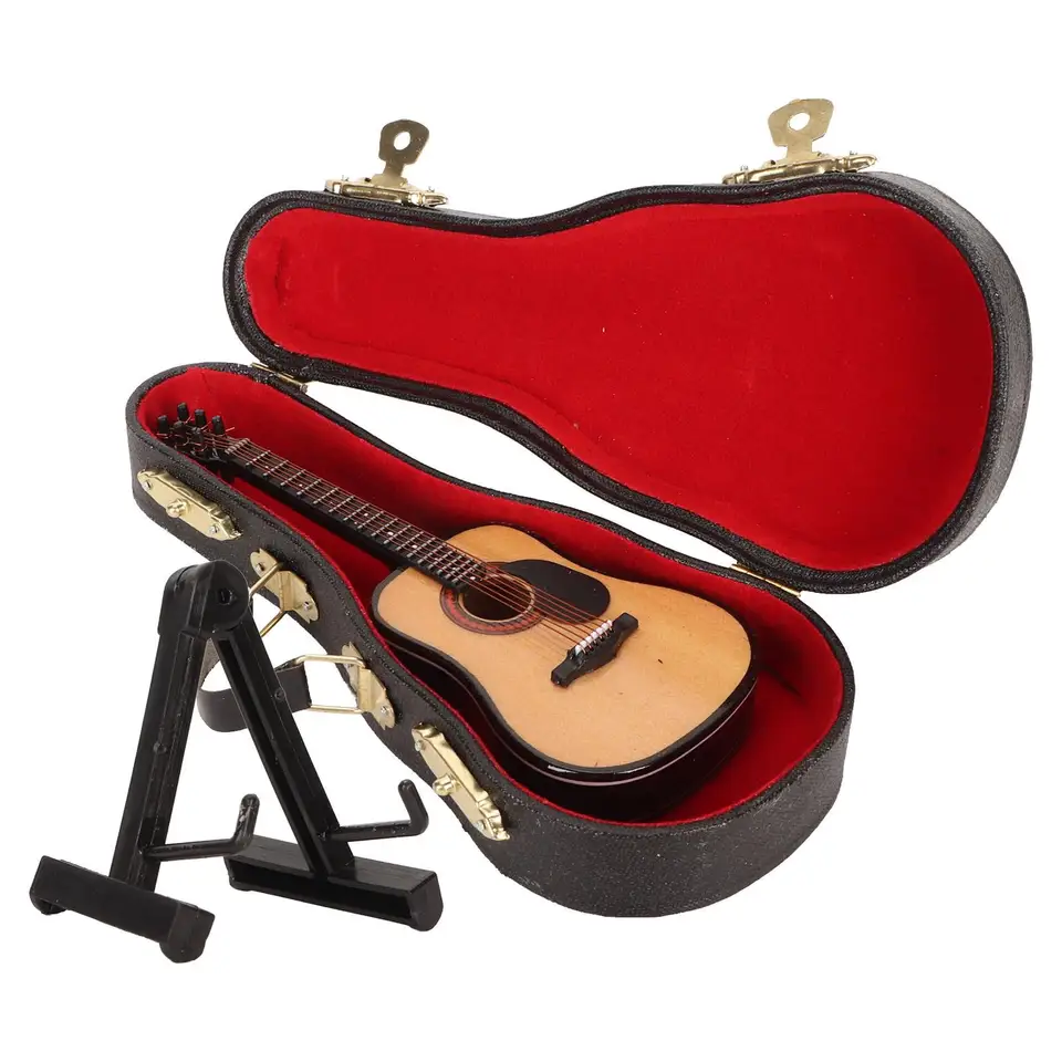 Mini drevený gitarový model - potiahnutý miniatúrny hudobný nástroj - odolný dekoratívny dizajn s vysokou simuláciou pre domáce dekorácie