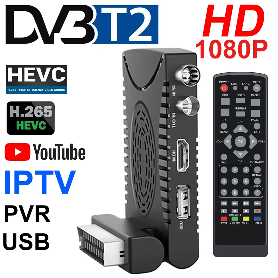 MINI DVB T2 H.265 HD Digital DVB-T2 Španielsko TDT Europe Europe TV TV prijímača HEVC 1080HD Dekodér EPG Set Top Box SCART Rozhranie SCART