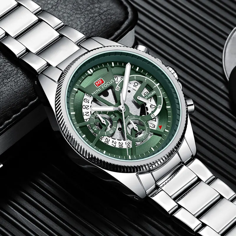 Mini Focus Nerezová oceľ Chronograph Quartz Catch for Men módne vodotesné svetelné šaty náramkové hodinky s dátumom 0490