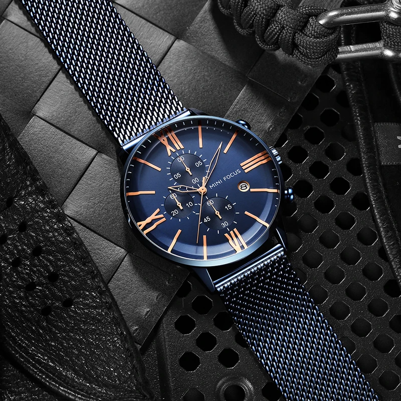 Mini Focus Pánsky chronograf Quartz hodinky Top značka Blue sieťové remienok Rápeľ remise relogios maskulino hodiny 3 bar nepremokavý 0236g