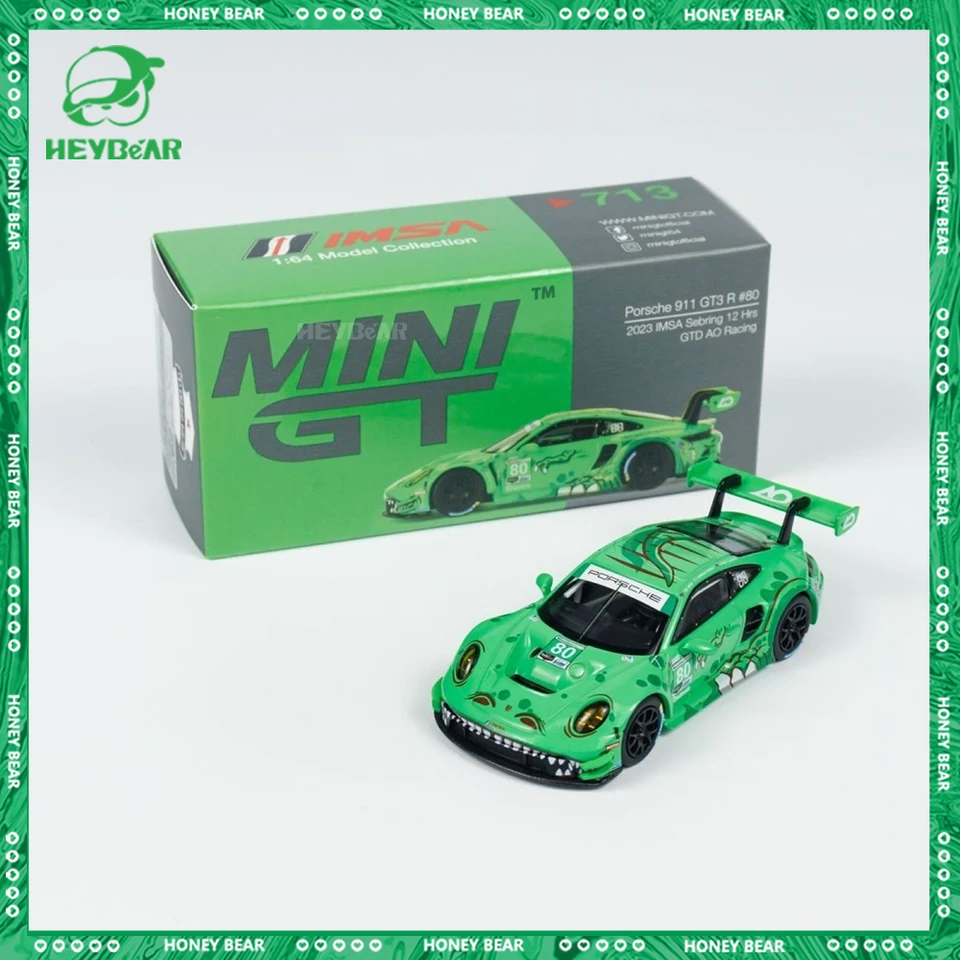 Mini GT Car Porsche 911 GT3 R Miniatúrny model Auto režim #80 Zelený dinosaurus Paint zliatiny zliatiny automobilu